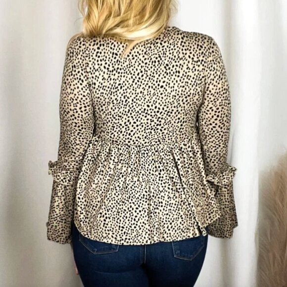 NEW NWT PEACH LOVE CALIFORNIA Tan Brown Black Dotted Long Bell Sleeve Blouse S - Picture 3 of 14